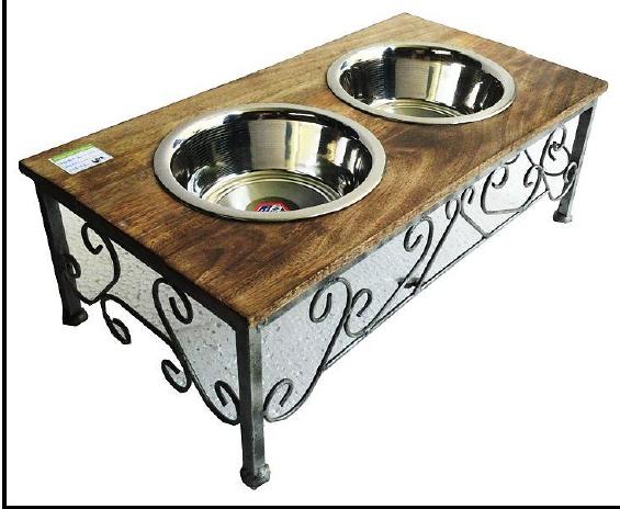 Burn & silver Antique Finish dog feeder made out of wood and iron
