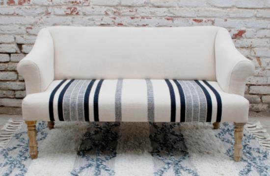 Three-seater fabric sofa, without armrests, blue and white striped pattern